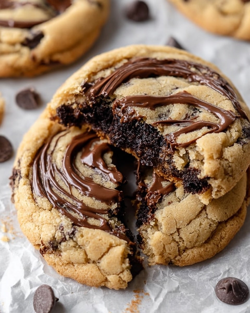 The image shows a close-up of round cookies with two main layers. The outer layer is light golden brown with a chewy texture and cracks showing. The inner layer is dark brown, almost black, soft, and moist, visible because one cookie has a bite taken out of it. Dark chocolate is swirled on top in thick, uneven lines, adding a rich and glossy texture. The cookies rest on crumpled parchment paper with some scattered milk chocolate chips nearby. The background is a white marbled texture. Photo taken with an iphone --ar 4:5 --v 7