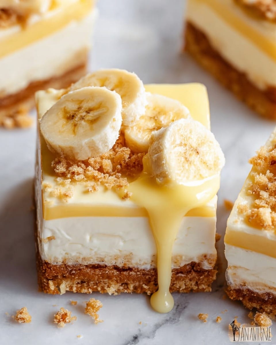 The image shows a close-up of a dessert bar cut into rectangular pieces, placed on a white marbled surface. The bottom layer is a crumbly, golden-brown crust. Above this is a thick white creamy layer that looks smooth and soft. On top of the creamy layer is a light yellow custard sauce that is slightly flowing down the edges. The dessert is garnished with thin banana slices placed near the center and edges. Crushed crumbs are scattered over the top, adding a textured look. The nearby piece also has the custard sauce and banana slices, with the dessert slightly glossy from the sauce. Photo taken with an iphone --ar 4:5 --v 7