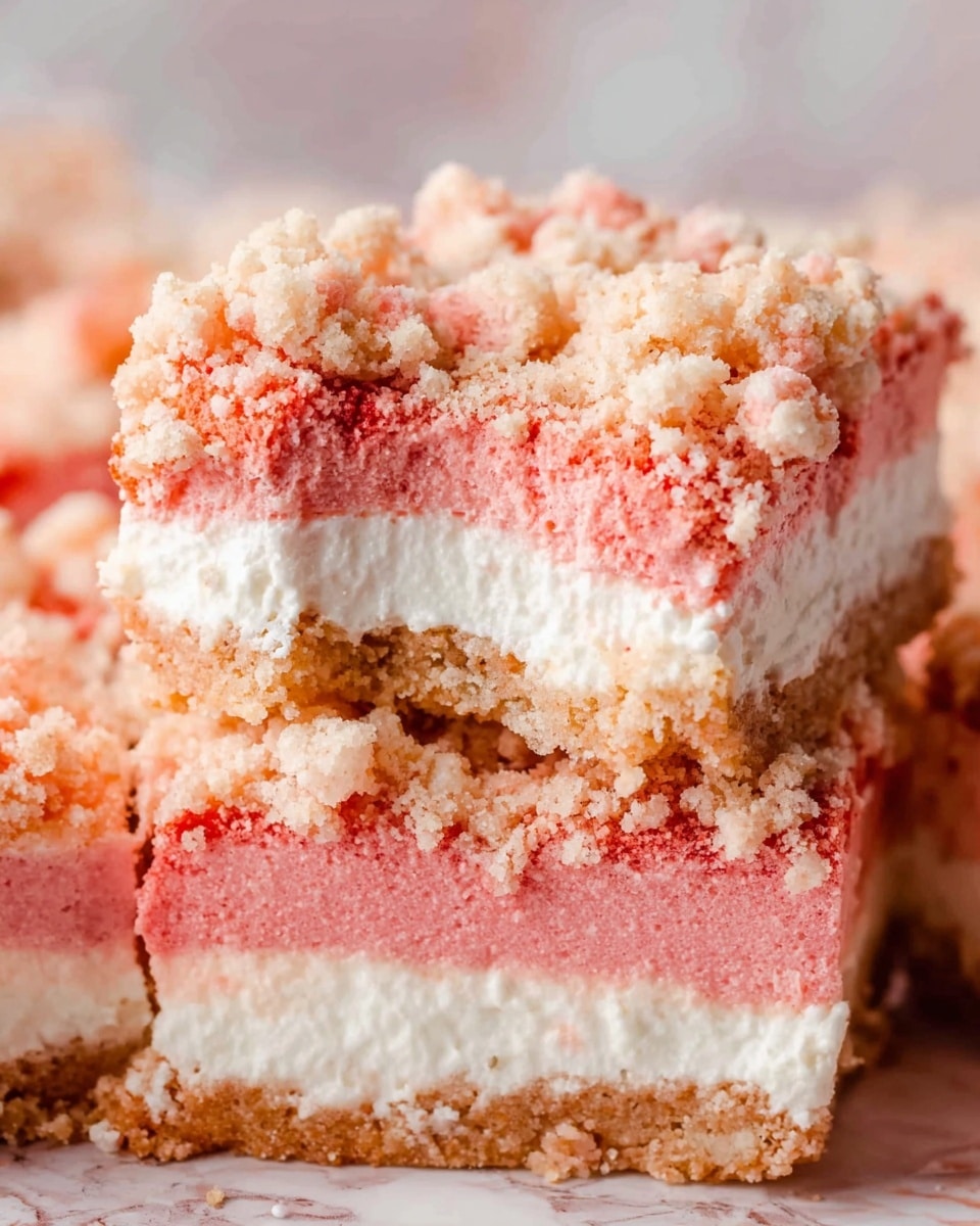 The image shows a close-up of a dessert with three visible layers. The bottom layer is a dense pink base with a smooth texture. Above it is a thick white creamy layer that looks soft and fluffy. The top layer is a crumbly mix of light pink and beige small chunks, giving a textured and crunchy look. The dessert pieces are stacked closely on a surface with a white marbled texture, and a bite is taken from the top dessert piece, showing the detailed layering inside. photo taken with an iphone --ar 4:5 --v 7