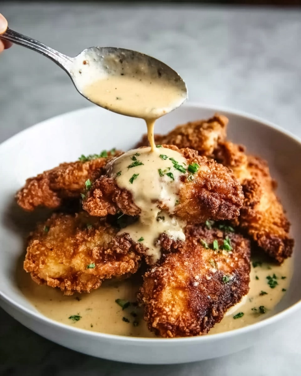 A white bowl filled with five pieces of golden-brown fried chicken, each piece showing crispy texture and slight charring. A creamy beige sauce is being poured over the center piece from a silver spoon held by a woman's hand, with the sauce slightly thick and smooth, pooling at the bottom. Small green herbs are sprinkled on top of the chicken and sauce, adding a fresh touch. The bowl sits on a white marbled surface. Photo taken with an iphone --ar 4:5 --v 7