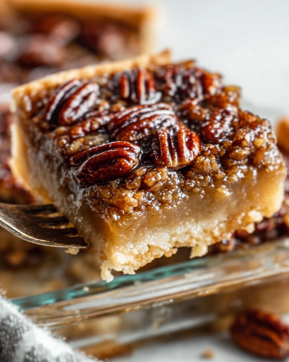 A close-up view of a square slice of pecan pie sitting in a clear glass pan on a white marbled surface. The slice shows three distinct layers: a golden-brown crust at the bottom with crumbly texture, a thick middle layer of light caramel filling that looks smooth and creamy, and a top layer covered with glossy, dark brown pecan halves that are slightly uneven and shiny. A silver fork slightly pierced into the slice is held by a woman's hand coming from the right side, lifting a piece. The background is softly blurred to keep focus on the pie slice. photo taken with an iphone --ar 4:5 --v 7