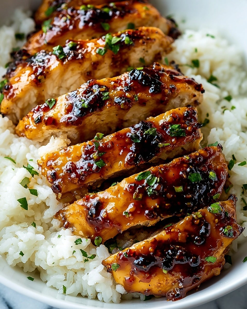 The image shows a white bowl filled with a base layer of fluffy white rice, topped with four pieces of golden brown glazed chicken nestled closely together. The chicken pieces have a shiny, sticky glaze with a slightly caramelized texture, speckled with small bits of minced garlic and finely chopped green herbs scattered on top. The glaze catches the light, giving the chicken a rich, glossy appearance, with some charred spots adding depth. The bowl sits on a white marbled texture surface. photo taken with an iphone --ar 4:5 --v 7