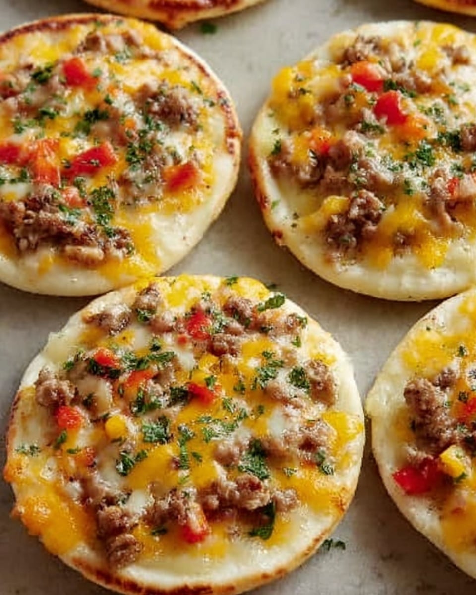 The image shows four small round mini pizzas on a cooking tray. Each pizza has a thick, white dough base that looks soft. On top, there is a layer of yellow melted cheese mixed with small bits of cooked ground meat and diced red and yellow bell peppers. There are also bits of green herbs sprinkled over the pizza, adding a fresh touch. The surface of the cheese looks slightly shiny and bubbly, showing that the pizzas are hot and freshly baked. The white marbled texture background is slightly visible around the tray edges. Photo taken with an iphone --ar 4:5 --v 7