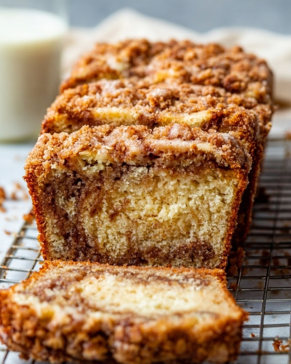 The image shows a loaf of banana bread with a crumbly topping, sliced to reveal a moist interior with a marbled texture of light brown and creamy colors. The crumb topping is golden brown and scattered with small bits, covering the top and some edges of the bread. The loaf rests on a wire cooling rack over a white marbled surface, and a blurred glass of milk is visible in the background. The photo is close up, focusing on the texture and layers of the bread. Photo taken with an iphone --ar 4:5 --v 7