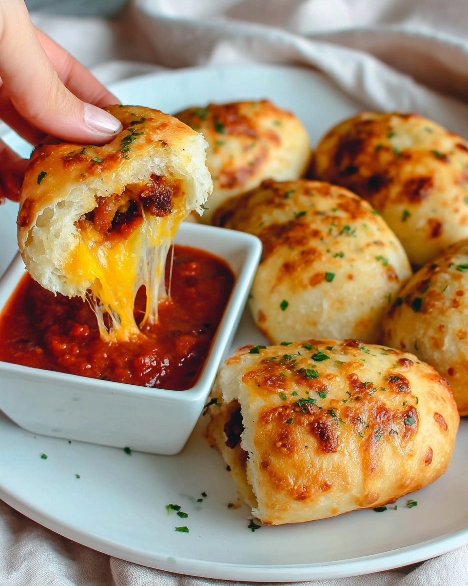 The image shows a white plate with three golden-brown stuffed bread rolls topped with small green herb bits. One roll is being held by a woman's hand, pulled apart to reveal a melted, stretchy yellow cheese and dark brown filling inside. The plate also holds a white square bowl filled with chunky red tomato sauce next to the rolls. The background is a soft pale fabric with a white marbled surface underneath. photo taken with an iphone --ar 4:5 --v 7