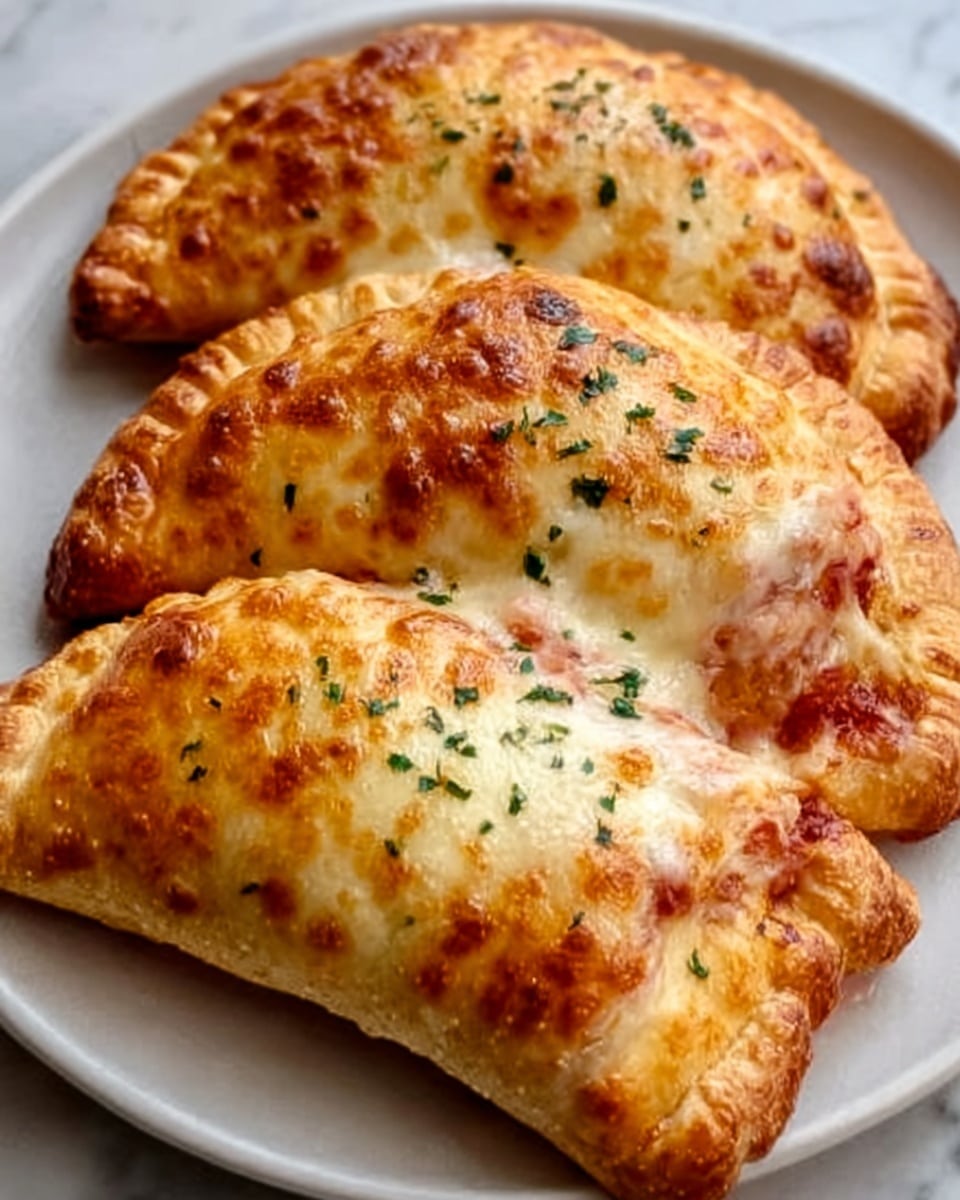 The image shows three golden-brown calzones on a white plate placed on a white marbled surface. Each calzone has a crispy outer dough layer with a slightly shiny texture, covered with melted cheese that is bubbly and browned on top. Small green herbs are sprinkled evenly over the cheese, adding a touch of color contrast. The calzones are folded with visible seams and slight puffiness, indicating a thick dough layer beneath the cheese topping. Photo taken with an iphone --ar 4:5 --v 7