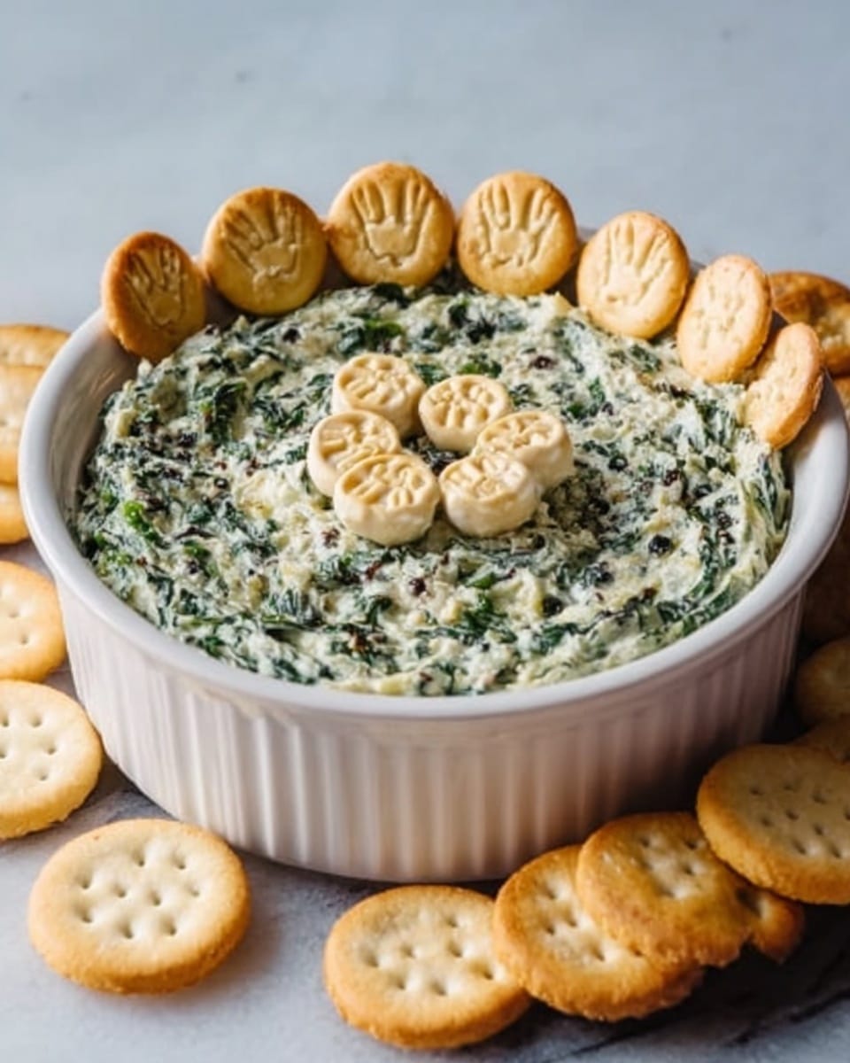 A white round dish filled with creamy spinach dip as the base layer, showing a speckled green and white texture with small bits of spinach mixed in. On top, there are small, round golden-brown crackers arranged evenly in a circle, each cracker pressed with a small pattern. Behind the dish, several more crackers stand upright. The dish sits on a white marbled surface. Photo taken with an iphone --ar 4:5 --v 7