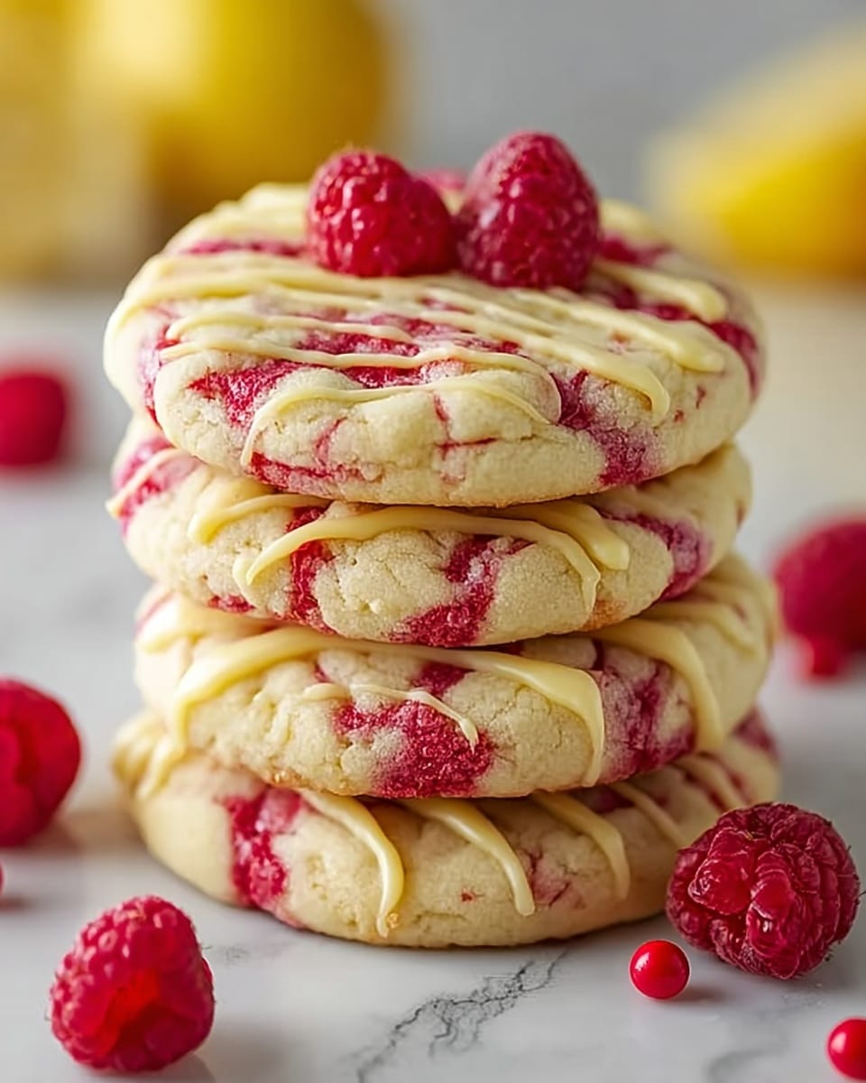 A stack of four round cookies with a cracked, light yellow dough base and bright red raspberry swirls spread unevenly inside each cookie, creating a marbled effect. On top of the cookies, there are thin, irregular zigzag lines of pale yellow icing. Around the stack are fresh whole raspberries and tiny red round sprinkles scattered on a white marbled surface. The background is softly blurred with hints of yellow and red shapes. photo taken with an iphone --ar 4:5 --v 7