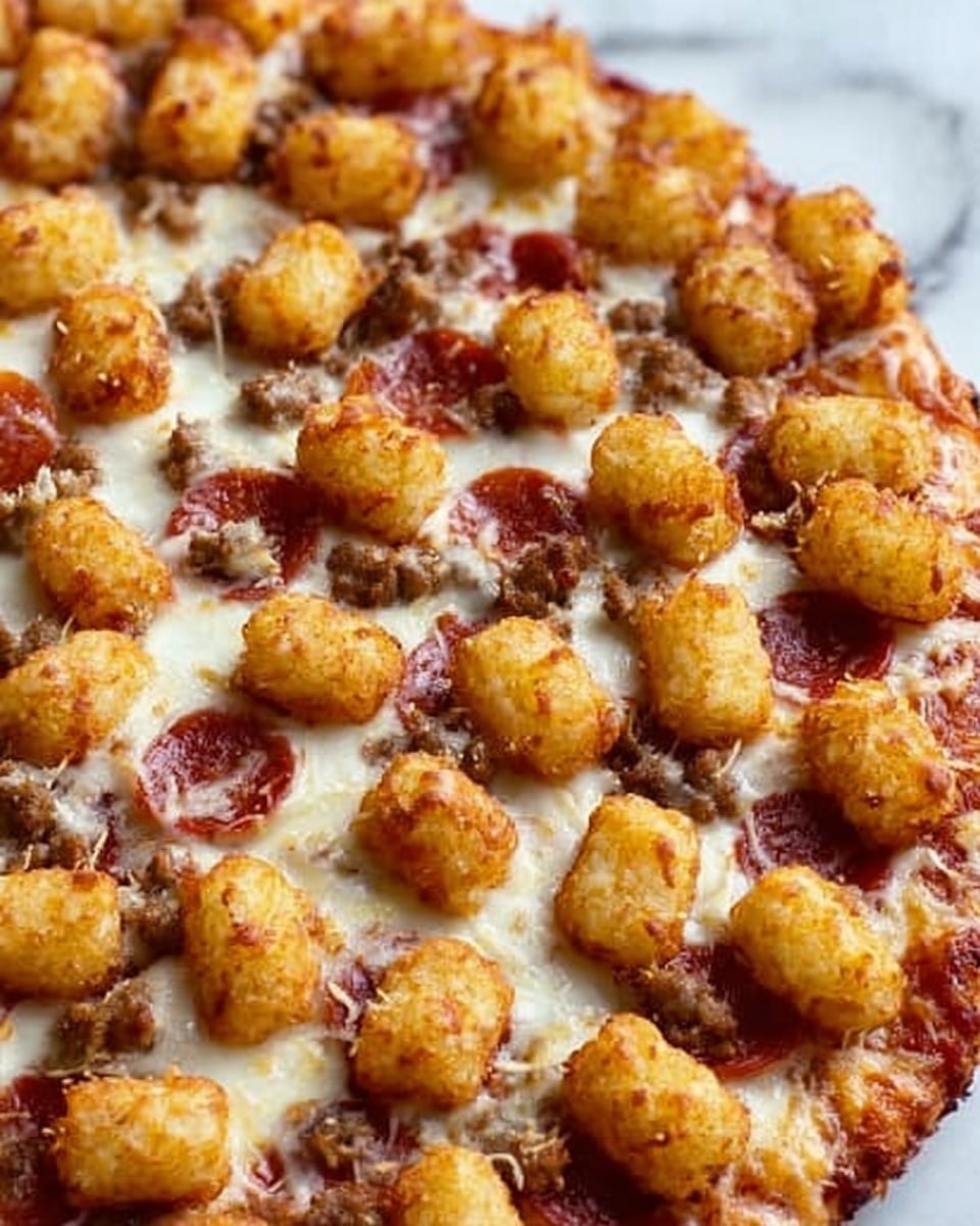 A close-up view of a thick layer of golden-brown tater tots spread evenly as the top layer on a white plate, beneath which is a melted layer of creamy white cheese, with small crunchy browned spots. Sprinkled throughout are thin, round slices of crispy pepperoni with slightly curled edges, and small bits of cooked sausage peeking through the cheese. The surface is rich with textures: the crispy tater tots, gooey cheese, and chewy pepperoni all visible. The background is a white marbled texture. Photo taken with an iphone --ar 4:5 --v 7