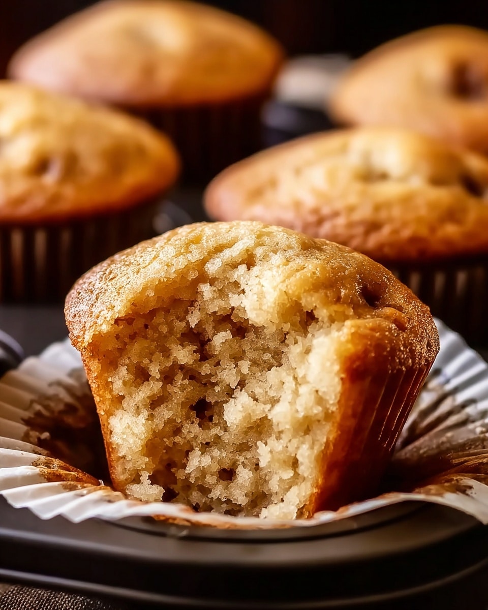 A close-up view of a soft, golden-brown muffin with a bite taken out of it, showing its light, fluffy inner texture. The muffin has a slightly cracked top with a moist appearance and is wrapped in a white paper liner. Behind it, there are several other whole muffins blurred in the background, all sitting in a dark muffin tray. The overall setting is warm and inviting. photo taken with an iphone --ar 4:5 --v 7
