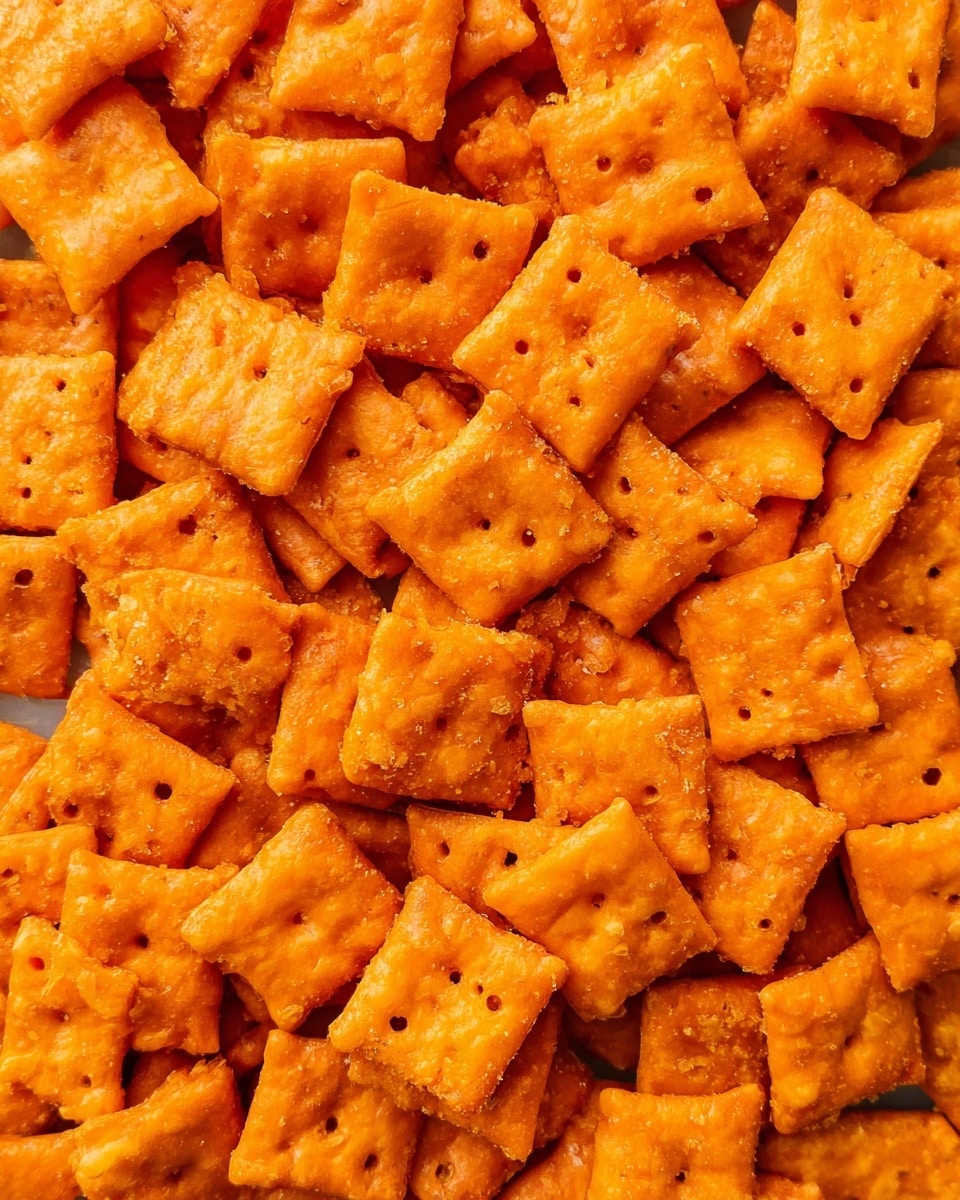 This image shows a close-up view of many small, square-shaped crackers covered in bright orange cheese powder. Each cracker has slightly raised edges with a textured surface and small holes in the center. The crackers are piled together, showing slight variations in orange shades from light to medium. The texture looks crunchy and rough with a few crackers overlapping each other, creating depth. The entire scene is framed tightly with no plate visible, and the background has been changed to a white marbled texture. photo taken with an iphone --ar 4:5 --v 7