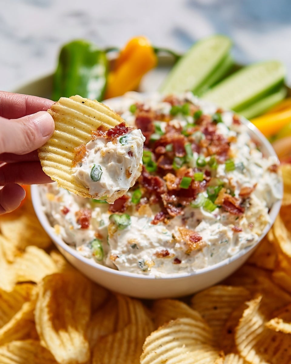 A close-up image shows a woman's hand holding a ridged potato chip dipped in a creamy white dip, speckled with small pieces of crispy light brown bacon and chopped green onions on top. The dip is in a white bowl filled with the same creamy mixture, garnished with more bacon bits and green onions. Around the bowl, a pile of ridged potato chips sit on a white marbled surface, with some green cucumber slices and small yellow and orange peppers slightly out of focus in the background. The image captures the textures of the chip's ridges and the creamy dip with crispy toppings, making the snack look fresh and inviting. photo taken with an iphone --ar 4:5 --v 7