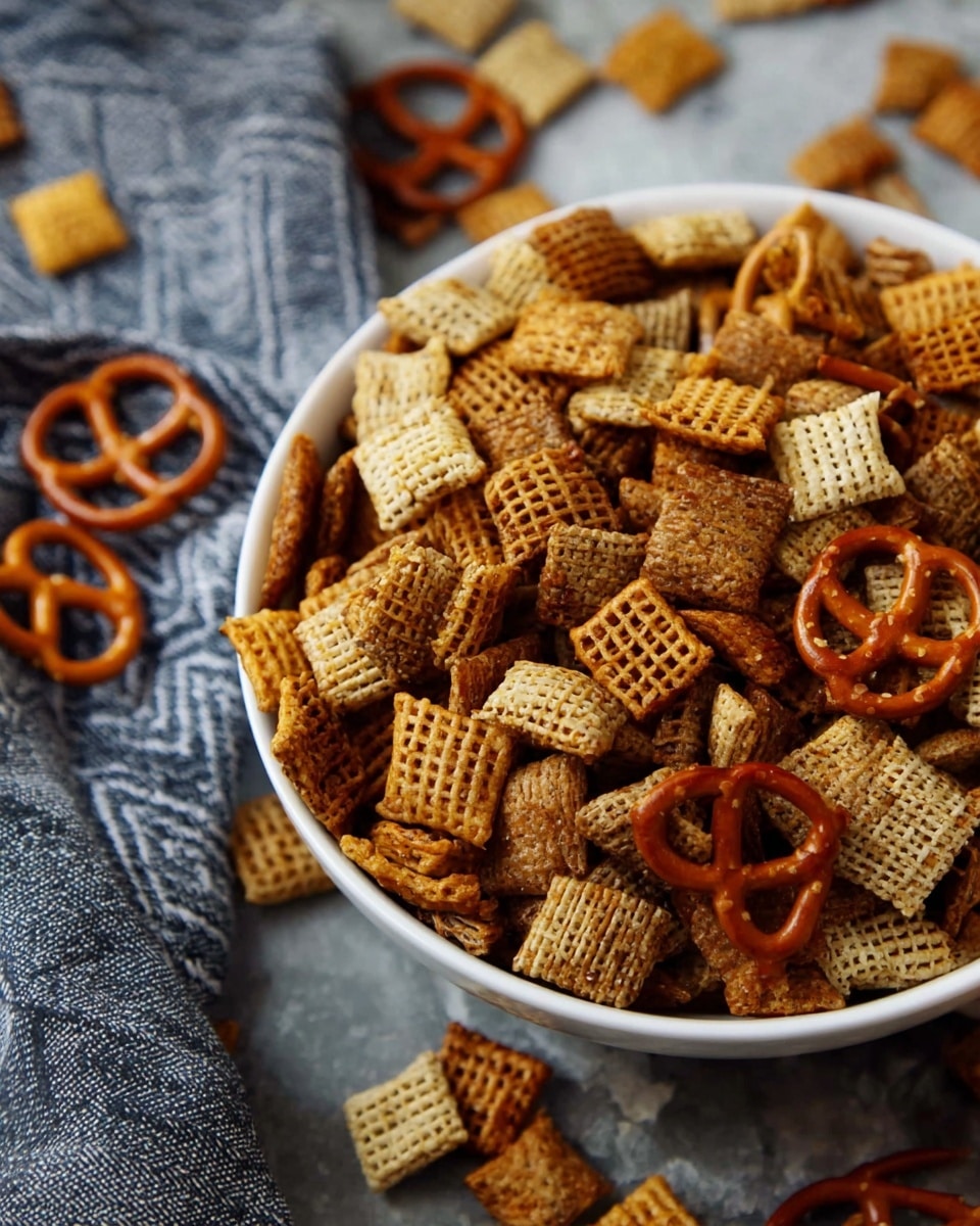 A close-up shot of a white bowl filled with a mix of crunchy snack pieces, including small square cereal pieces with a textured grid pattern in light golden and brown shades, and small pretzels with a smooth, glossy, reddish-brown surface scattered throughout. The bowl sits on a white marbled textured surface with a lightly blurred gray and blue patterned cloth in the background, and some snack pieces are spilled around the bowl, adding a rustic and casual feel to the image. Photo taken with an iphone --ar 4:5 --v 7