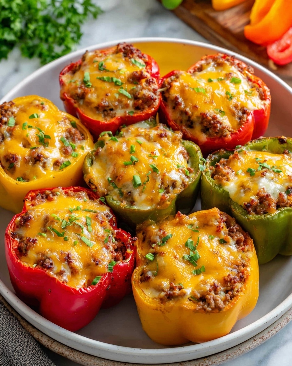 A white bowl filled with eight stuffed bell peppers, arranged close together. Each pepper is halved and hollowed out, forming a cup shape, with colors including red, yellow, and green. Inside each pepper is a layer of cooked ground meat mixed with herbs, topped with a thick layer of melted cheddar cheese that is golden and bubbly. Small green herb pieces are sprinkled on top of the cheese. The bowl sits on a white marbled textured surface with some blurred green and orange vegetables in the background. Photo taken with an iphone --ar 4:5 --v 7