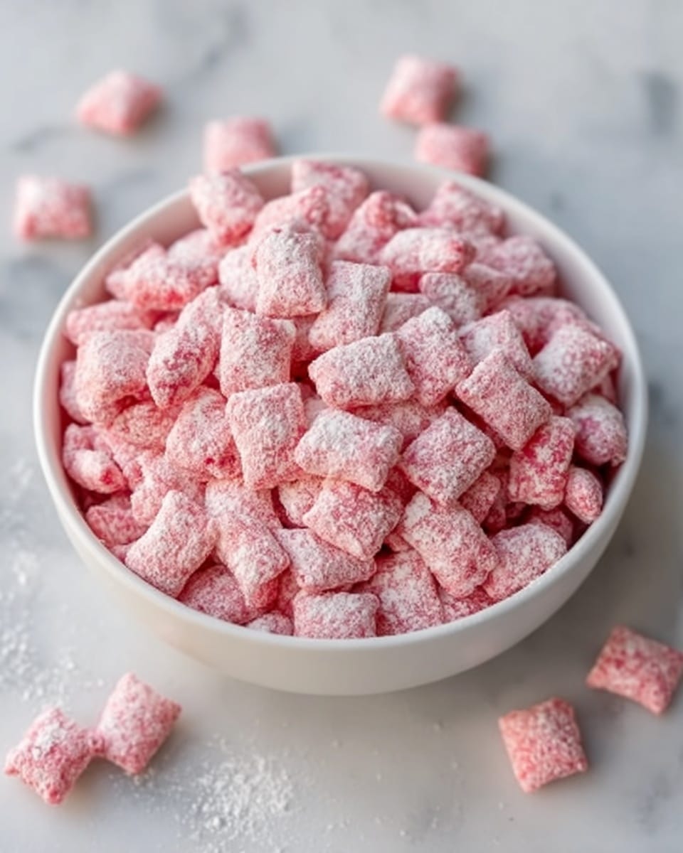 A white bowl filled with many small pillow-shaped pink cereal pieces covered in a light dusting of white powder. The cereal pieces have a soft, textured appearance and are piled up to fill the bowl completely. The bowl is set on a white marbled surface with a few cereal pieces scattered around it. The lighting is bright and natural, showing the soft pink color clearly. Photo taken with an iphone --ar 4:5 --v 7