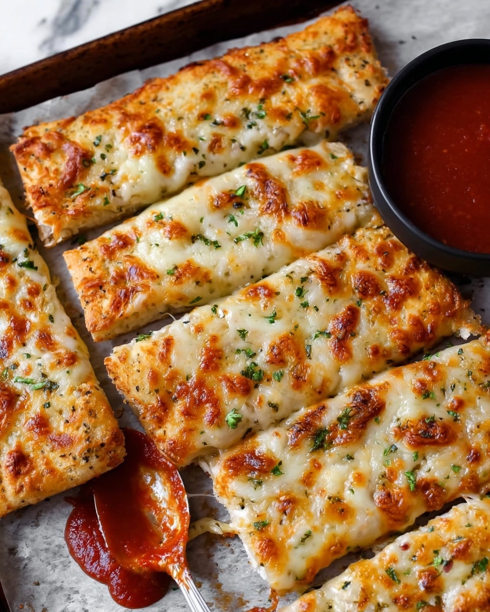 This image shows several long rectangular pieces of cheesy bread arranged closely on a baking tray. Each piece has a golden-brown bubbly melted cheese layer on top, sprinkled with small bits of green herbs. The bread beneath the cheese has a light, soft-looking texture with hints of seasoning. A spoon covered in red tomato sauce lies near the bread, with some sauce spilled on the tray, and a black bowl filled with more tomato sauce is placed near the top right corner. The tray rests on a white marbled surface. photo taken with an iphone --ar 4:5 --v 7