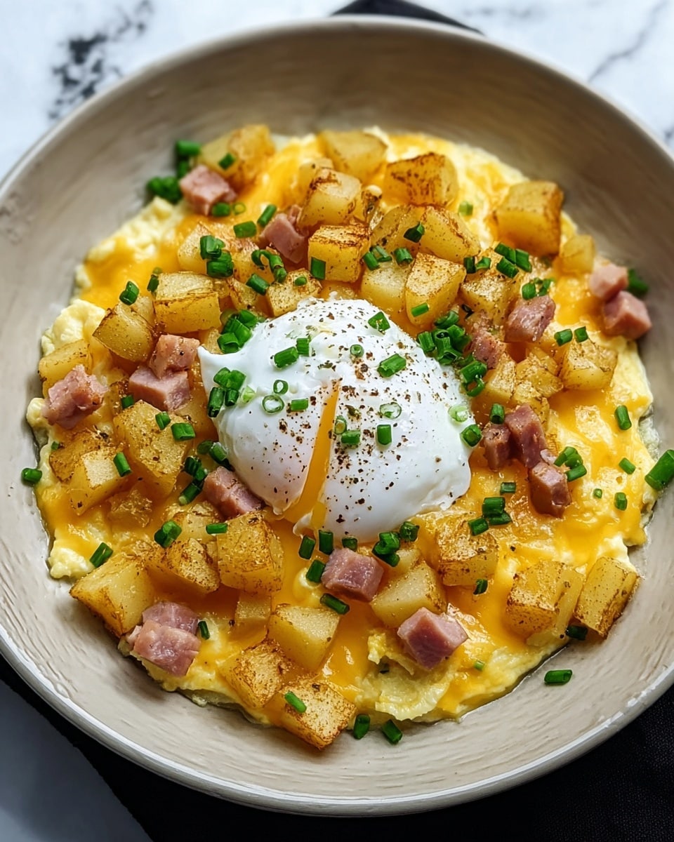 The dish is served in a white bowl with a slightly rough texture, filled with a base layer of scrambled eggs mixed with melted yellow cheddar cheese, creating a soft and creamy surface. On top of this, there is a layer of small, golden-brown roasted potato cubes scattered evenly, providing a crispy texture and warm yellow color with some browned edges. Diced pieces of pinkish cooked ham are sprinkled over the potatoes, adding color contrast and texture. At the center, a perfectly cooked, soft poached egg with a smooth white surface sits prominently. Small green chopped chives are sprinkled across the entire dish along with a few cracks of black pepper, adding freshness and visual appeal. The background is a white marbled texture. photo taken with an iphone --ar 4:5 --v 7