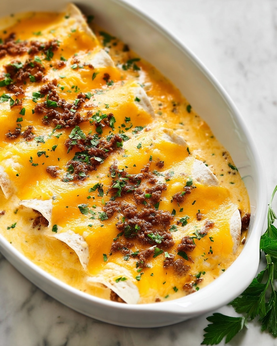 A white oval dish holds a row of four rolled tortillas stacked side by side, each covered in a smooth layer of melted golden-yellow cheddar cheese. On top, small bits of cooked ground beef are scattered evenly, adding a darker brown color with a slightly crumbly texture. Fresh green parsley pieces are sprinkled on the cheese, adding a pop of brightness and freshness. The dish is placed on a white marbled surface with a partial view of parsley leaves nearby. The melted cheese looks glossy and rich, blending with the creamy sauce beneath the tortillas. photo taken with an iphone --ar 4:5 --v 7