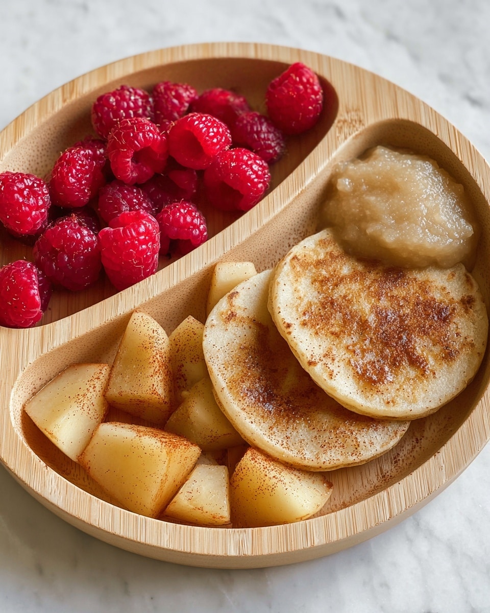 The image shows a white wooden divided plate on a white marbled surface. In the biggest section, there are two round, light brown pancakes with a soft texture, topped and surrounded by small golden-brown cooked apple pieces with a slight cinnamon dusting. One smaller section holds bright red raspberries that look fresh and plump. The other small section contains a light beige, smooth applesauce or puree, with a slightly thick consistency. photo taken with an iphone --ar 4:5 --v 7