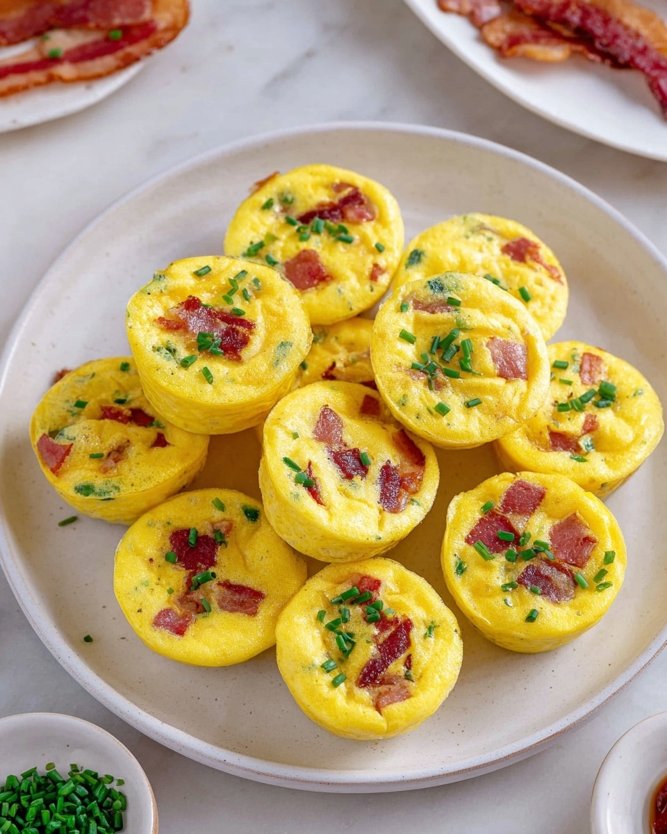 A white plate holds eleven small round egg muffins arranged closely together. Each muffin has a soft, yellow textured surface with small pieces of browned bacon and tiny green bits of chives visible on the top layer. The muffins look light and fluffy with a slight shine, showing a freshly baked quality. The background features a white marbled texture with parts of other dishes slightly visible around the edges. Photo taken with an iphone --ar 4:5 --v 7