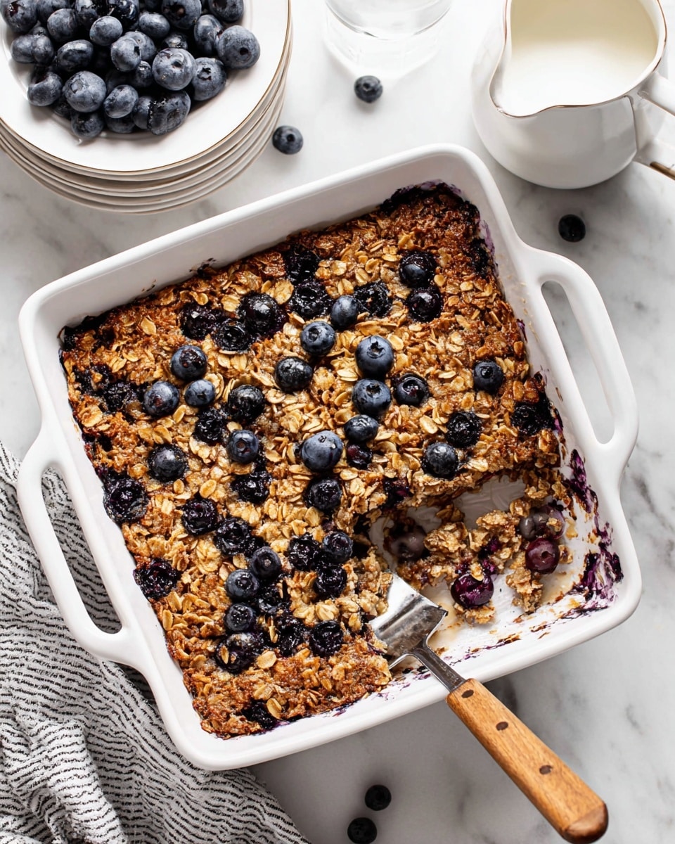 The image shows a baked blueberry oatmeal dish in a white square baking dish with handles. The top layer is golden brown with toasted oats scattered evenly, mixed with plump dark blue and purple blueberries throughout. The texture looks crunchy on top with some soft, cooked oats underneath. A metal spatula with a wooden handle is lifting a square portion, revealing a moist, slightly gooey layer beneath the oat crust, infused with blueberry juice. The dish is placed on a white marbled surface, next to a white cloth napkin with a gray grid pattern, a small white pitcher with milk, and a stack of white scalloped plates with blueberries on top. photo taken with an iphone --ar 4:5 --v 7