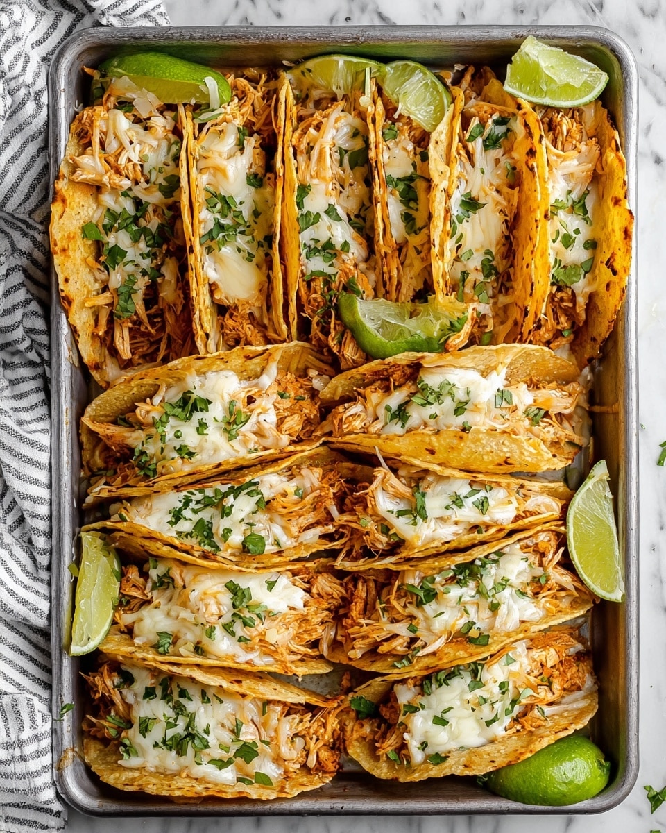 The image shows a metal baking tray filled with two neat rows of small folded tacos, each taco having three main layers. The bottom layer is a golden brown crispy corn tortilla, slightly browned and textured with light blister marks. The middle layer is shredded orange and white chicken meat, packed generously inside each taco. The top layer is melted cheese, mixing creamy white and yellow shades, sprinkled with fresh green chopped cilantro leaves scattered all over. Around the tray’s edges, lime wedges add a touch of vibrant green and freshness. All of this rests on a white marbled surface with a striped cloth partially visible on the left side. photo taken with an iphone --ar 4:5 --v 7