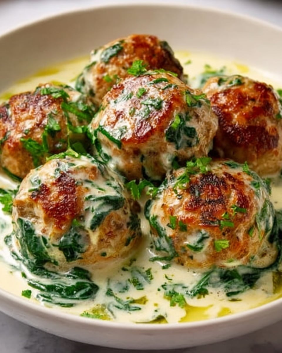 The image shows five meatballs covered in a creamy white sauce with green herbs and spinach mixed in. The meatballs are browned on the outside and placed close together in a shallow white bowl. The creamy sauce is thick and swirled around the meatballs, with bits of green spinach and herbs clearly visible. The bowl rests on a white marbled surface. Photo taken with an iphone --ar 4:5 --v 7