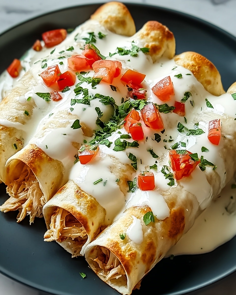Four rolled enchiladas sit side by side on a white plate, each with a soft, golden-brown outer layer. Inside, shredded chicken peeks out from the open ends. The enchiladas are topped with a smooth, white sauce spread evenly over their length, garnished with small bright red diced tomato pieces and finely chopped fresh green cilantro leaves scattered on top and around the plate. The plate is on a white marbled surface. photo taken with an iphone --ar 4:5 --v 7
