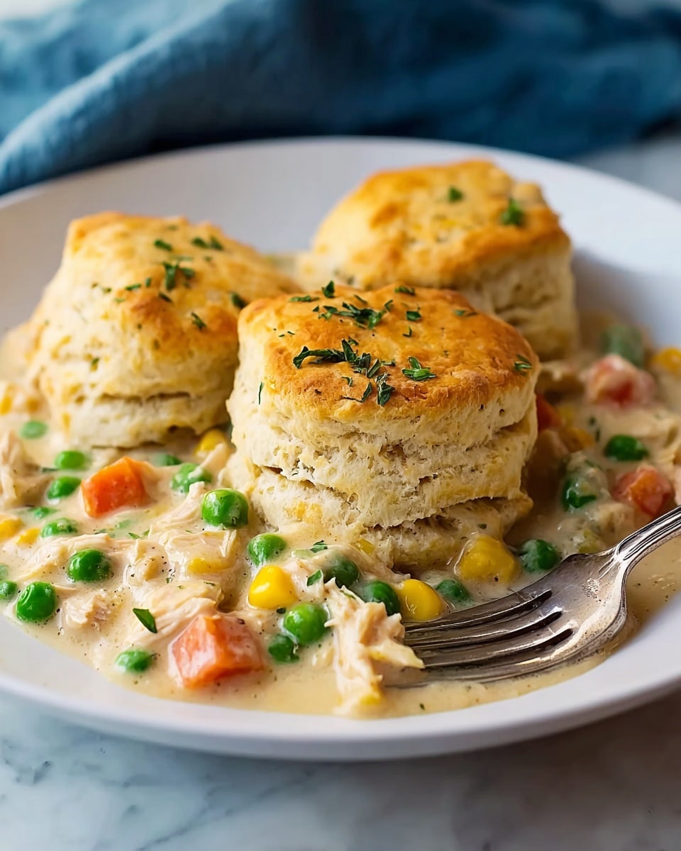 Three thick, golden-brown biscuits sit close together on a white plate, each with a slightly shiny, crisp top sprinkled lightly with green herbs. Beneath and around the biscuits is a creamy sauce filled with bright green peas, small orange carrot pieces, and yellow corn kernels, mixed with shredded white chicken. The sauce looks rich and smooth, slightly pooling at the base of the biscuits. A silver fork rests on the edge of the plate, partially under one biscuit. The plate is placed on a surface with a white marbled texture, and a blue cloth is blurred softly in the background. photo taken with an iphone --ar 4:5 --v 7
