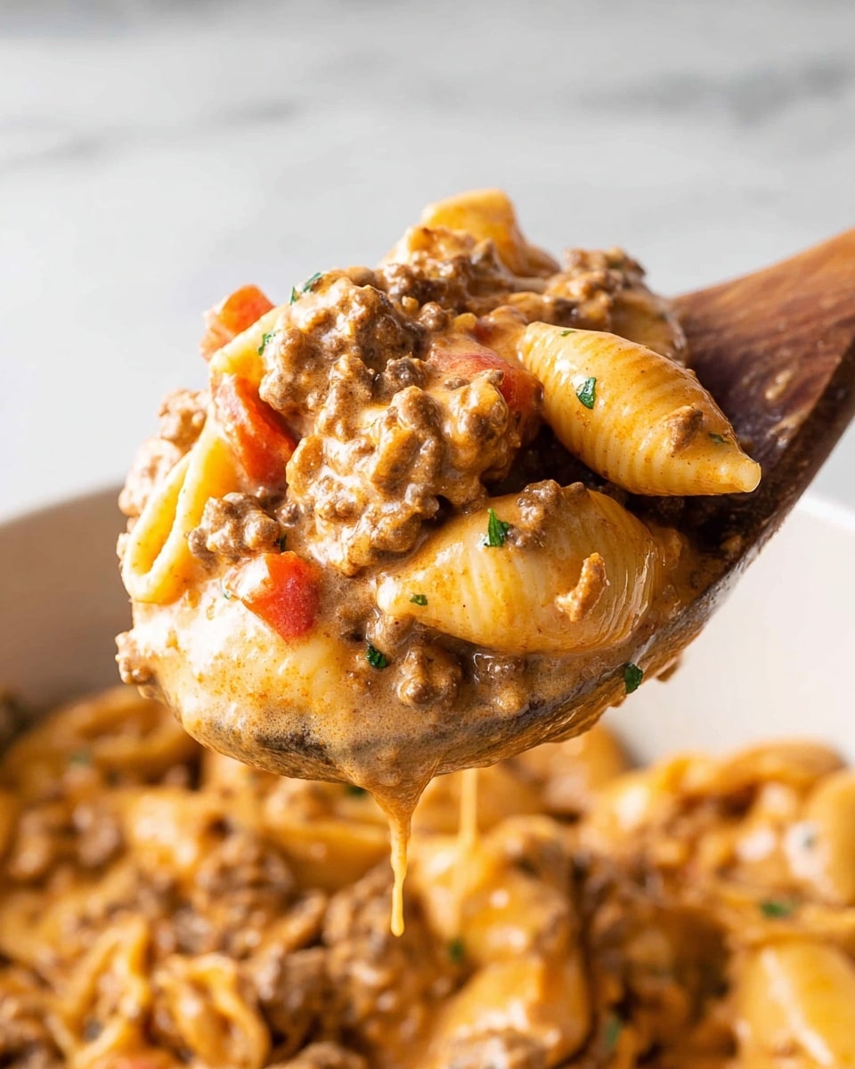 A close-up image shows a wooden spoon scooping a creamy pasta dish with three main layers visible: small shell-shaped pasta shells in light golden yellow, ground beef pieces in brown, and a thick cheesy sauce in light orange covering everything. A few small bits of red tomato are mixed in, adding color contrast. The sauce looks rich and smooth, dripping slightly from the spoon. The background is a white marbled texture, and the pasta is being lifted from a white bowl. Photo taken with an iphone --ar 4:5 --v 7