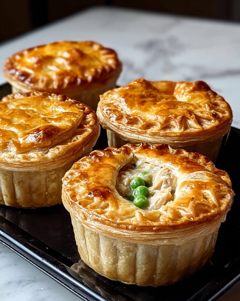 The image shows four small, round chicken pot pies on a black tray sitting on a white marbled surface. Each pot pie has a golden-brown flaky crust on top with a crimped edge, and one pie is cut open revealing a creamy filling with white chicken pieces and bright green peas. The crust is shiny and slightly uneven, showing layers of puff pastry. The pies are arranged close together, with three in the back and one in front, giving a clear view of the filling in the front pie. Photo taken with an iphone --ar 4:5 --v 7
