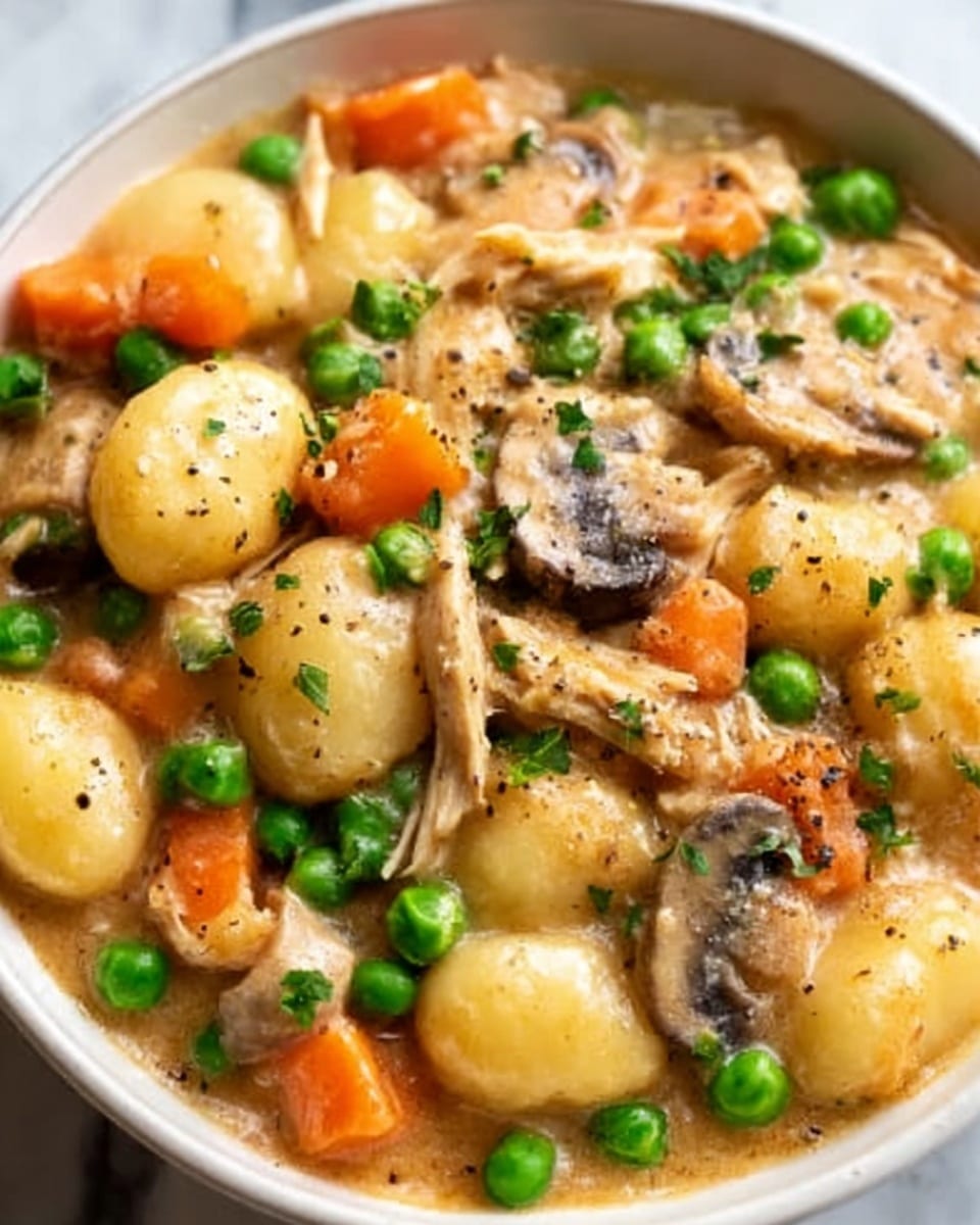 A close-up view of a warm bowl of chicken stew showing three main layers; the base layer consists of soft, golden gnocchi pieces, sitting in a thick, creamy light brown sauce. Floating above the gnocchi are tender chunks of shredded chicken mixed with vibrant slices of sautéed brown mushrooms and bright orange carrot rounds. Scattered on top are fresh, vivid green peas adding bursts of color, all inside a white bowl placed on a white marbled surface. The sauce has a slightly glossy texture with specks of black pepper sprinkled over the dish. Photo taken with an iphone --ar 4:5 --v 7