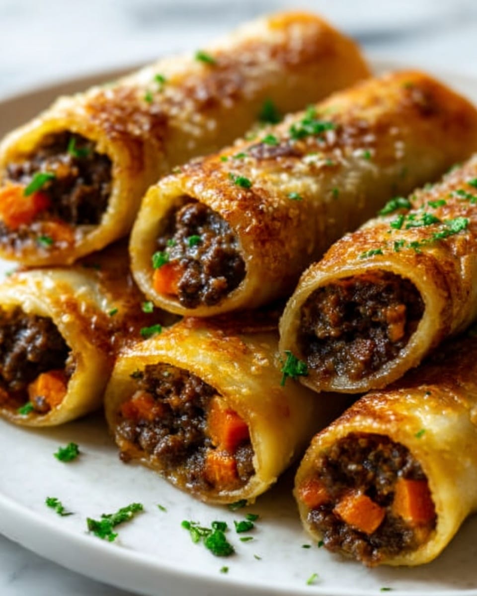 The image shows five rolled cannelloni pasta tubes arranged close together on a white plate, each filled with a dark brown ground meat and small orange carrot pieces mixture. The pasta is golden brown and slightly crispy on the outside, with some melted cheese and small green herb bits sprinkled on top. The texture of the pasta looks soft but firm enough to hold the filling. The dish sits on a white marbled surface. photo taken with an iphone --ar 4:5 --v 7