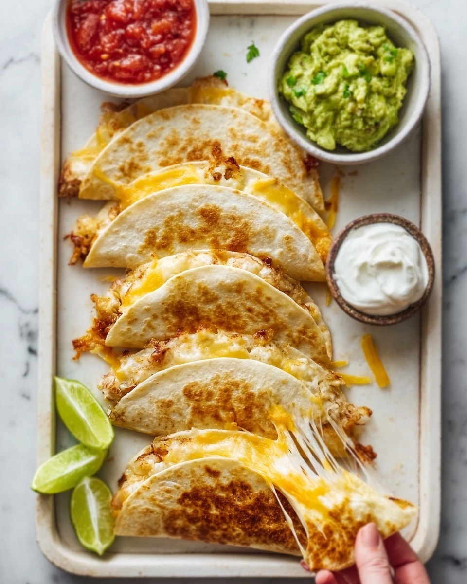 The image shows four quesadillas arranged in a row on a white, rectangular tray placed on a white marbled surface. Each quesadilla is folded in half, with a golden-brown, crispy outer layer that has melted, slightly gooey yellow cheese visible at the edges. To the top left of the tray, there is a small white bowl filled with red salsa, to the top right, a small white bowl filled with green guacamole, and to the right side near the middle, a small white bowl with white sour cream. There are three lime wedges placed on the white marbled surface to the left of the tray. A woman's hand is holding the bottom right quesadilla, lifting it slightly with melted cheese stretching between the layers. Photo taken with an iphone --ar 4:5 --v 7