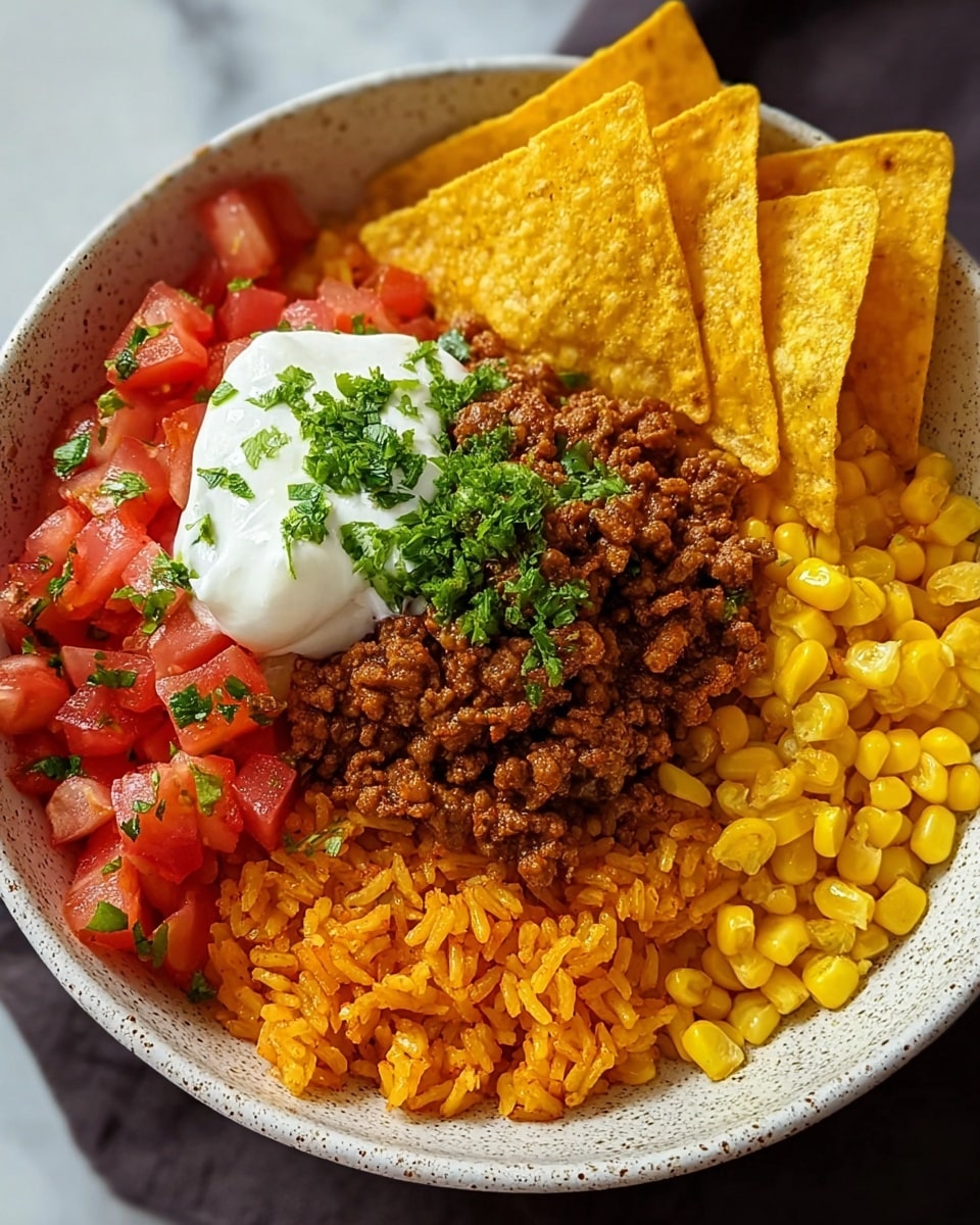 The dish is served in a white speckled bowl on a white marbled surface. The base layer is orange rice mixed with bright yellow corn kernels spread around the bowl. On one side, there is a section of fresh, chopped red tomatoes with small green herb bits sprinkled on top. In the center, there is a mound of browned ground meat with visible small red pepper pieces. On top of the meat, a dollop of white sour cream is placed, garnished with chopped green herbs. On the opposite side of the tomatoes, yellow triangular tortilla chips are arranged in a fanned-out fashion, resting partially on the rice. The textures range from soft rice and tomatoes to the crispy chips. photo taken with an iphone --ar 4:5 --v 7