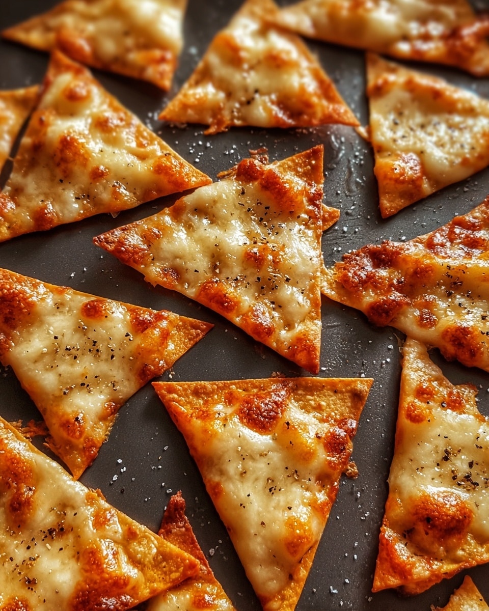 The image shows many triangular pieces of crispy baked chips spread out on a dark baking tray. Each chip has a thin, golden-brown crust with melted bubbly cheese on top that has a creamy white and slightly browned color. Some pieces have a light sprinkle of black pepper and coarse salt, creating small dark and white specks on the cheese. The edges of the chips are a deeper orange-brown, indicating a crunchy texture. The overall look is warm and crispy with the cheese forming a smooth, slightly blistered top layer. photo taken with an iphone --ar 4:5 --v 7