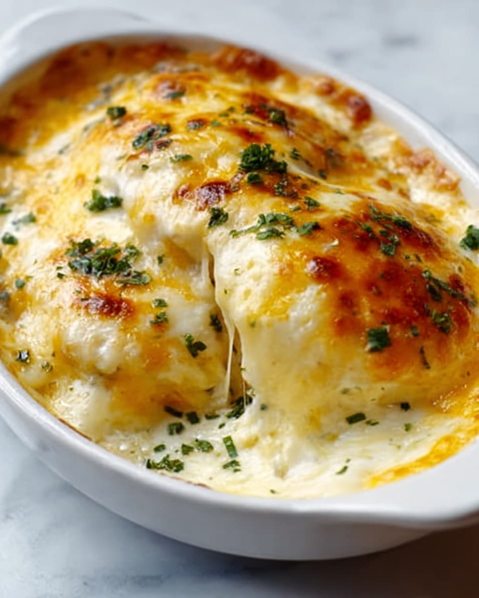 The image shows a close-up of a white oval dish filled with a baked dish that has two layers. The bottom layer looks soft and creamy white, covered by a thick, melted golden-yellow cheese layer that stretches over the top and edges. Small pieces of green herbs are sprinkled on top, adding a fresh contrast. The dish rests on a white marbled surface. Photo taken with an iphone --ar 4:5 --v 7