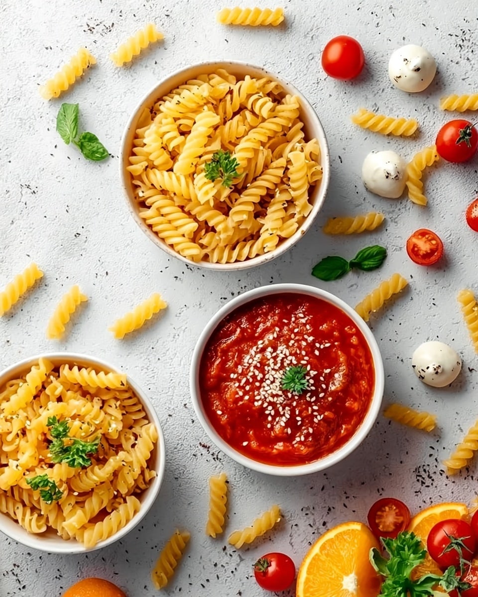 The image shows three white bowls on a white marbled surface. The top right bowl is filled with smooth, red tomato sauce with small pieces of cherry tomatoes and sprinkled with white sesame seeds and parsley leaves. The bottom left and bottom center bowls are full of cooked spiral pasta, light yellow in color, garnished with small green parsley leaves. Around the bowls, there are scattered uncooked spiral pasta pieces, a halved orange, whole and halved cherry tomatoes, small white mozzarella balls with black spots, and a small sprig of green basil, creating a fresh and colorful arrangement. Photo taken with an iphone --ar 4:5 --v 7