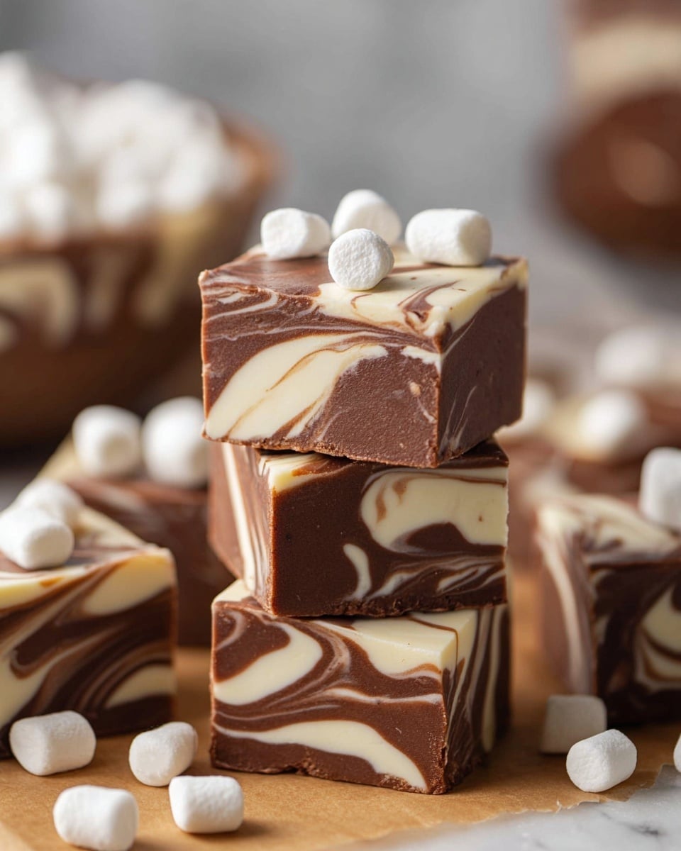 A stack of chocolate fudge squares with two colors swirled together, dark brown and creamy white, showing a smooth, thick texture with marbled patterns on each side. The top square has four small, round, white marshmallows placed neatly on its surface. Around the stack, more fudge squares and white marshmallows are scattered on a light brown parchment paper layer, all set on a white marbled texture surface. In the blurred background, a white bowl filled with more fudge and a wooden spoon appear. photo taken with an iphone --ar 4:5 --v 7