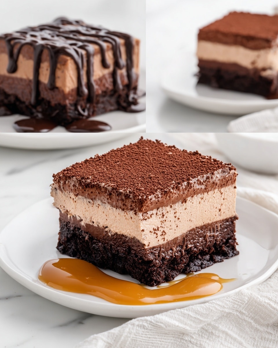 The dessert is a square slice with two thick layers—the bottom layer is a dark, rich chocolate brownie with a slightly crumbly texture, and the top layer is a light, airy chocolate mousse with a smooth, creamy surface. One slice is topped with fine cocoa powder sprinkled evenly, while another slice is drizzled generously with dark chocolate and golden caramel sauce that flows over the edges and pools slightly on the white plate below. The slices are presented on clean white plates set on a white marbled surface, with a soft white kitchen towel partially visible. Photo taken with an iphone --ar 4:5 --v 7