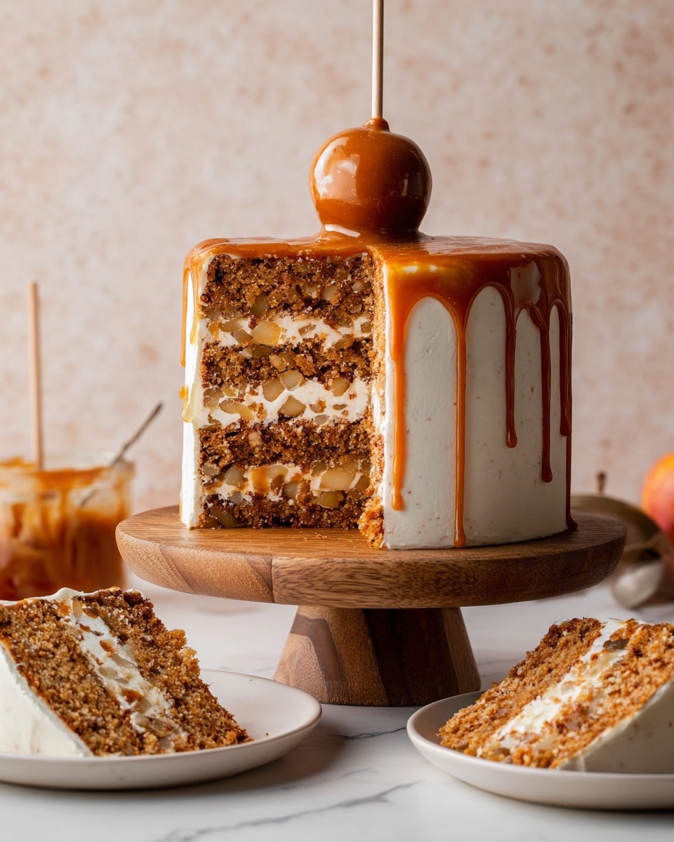 The image shows a three-layer cake with a brown, moist texture and visible bits of fruit inside. Between the layers, there are thick layers of white cream and a rich caramel sauce with small fruit pieces. The outside of the cake is covered with smooth white frosting, with caramel sauce dripping down the sides. On top of the cake sits a caramel-coated round cake pop on a stick, matching the caramel sauce in color and shine. The cake is placed on a wooden stand, and there are two plates with slices of the same cake in the foreground, on a white marbled surface. Photo taken with an iphone --ar 4:5 --v 7
