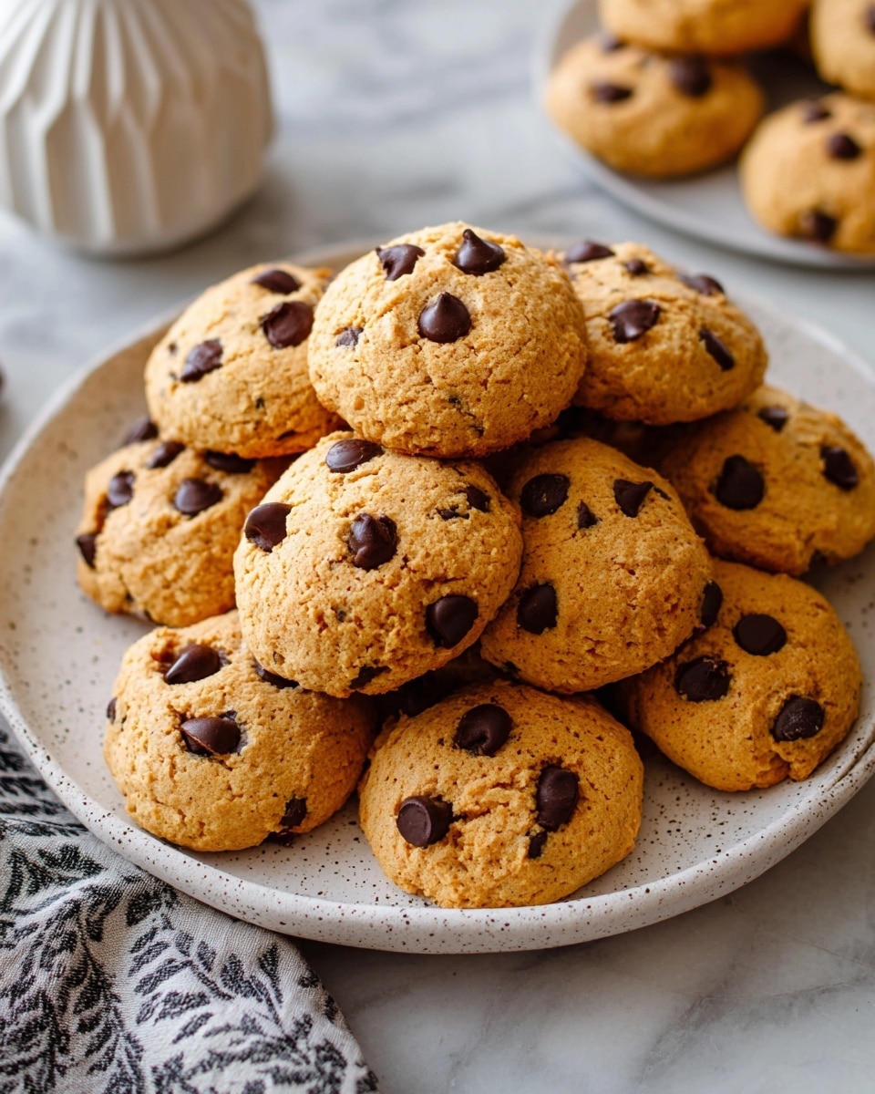 A white speckled plate filled with about fifteen soft, round cookies stacked in a small pile. Each cookie is golden brown with a soft texture, dotted with dark brown, glossy chocolate chips that are slightly melted. The cookies have a slightly uneven surface with a few cracks, showing their homemade style. The plate rests on a white marbled surface with a gray and white patterned cloth partially visible on the left side. In the background, a white decorative jar and a few out-of-focus cookies add depth to the image. photo taken with an iphone --ar 4:5 --v 7
