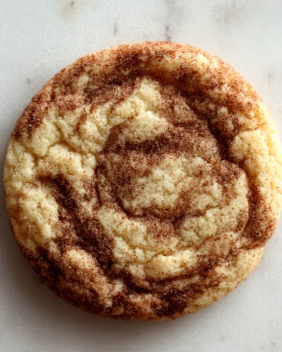 A close-up of a soft cookie on a white marbled surface. The cookie has one visible layer with a light golden brown base and swirls of darker cinnamon brown mixed throughout the top, giving it a marbled texture. The surface looks slightly cracked and soft, showing a chewy consistency. Photo taken with an iphone --ar 4:5 --v 7