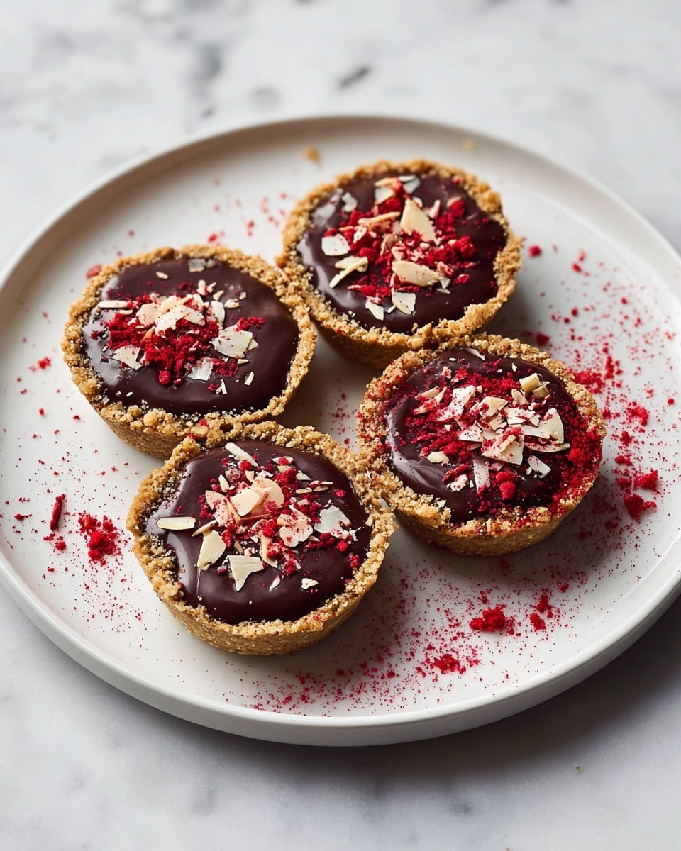 Four small round tarts sit on a white plate, each with a crumbly golden brown crust forming the bottom and edges. The second layer is a smooth, dark chocolate filling that fills the crust almost to the top. The top layer is a mix of white almond slivers scattered over the chocolate along with bright red powder sprinkled unevenly, adding texture and color contrast. Some red powder is also scattered on the white plate around the tarts. The plate rests on a white marbled surface. photo taken with an iphone --ar 4:5 --v 7