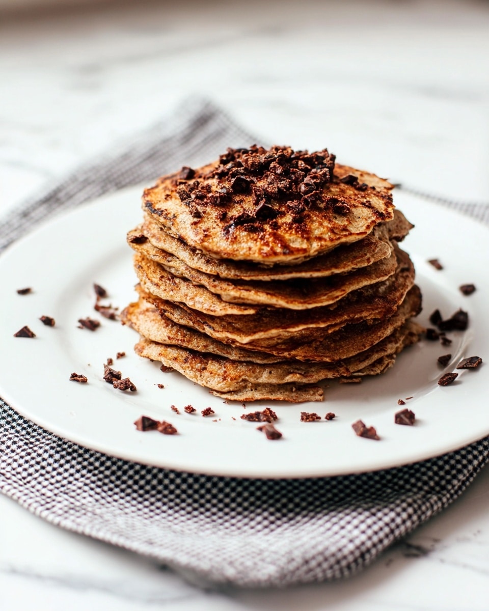 A stack of seven thick, unevenly shaped brown pancakes sits in the center of a white plate, each pancake showing a slightly crispy, golden-brown texture with some darker spots. The top pancake is covered with small, dark chocolate bits that also scatter around the plate. The white plate rests on a white marbled surface with a black and white checkered cloth underneath. Photo taken with an iphone --ar 4:5 --v 7