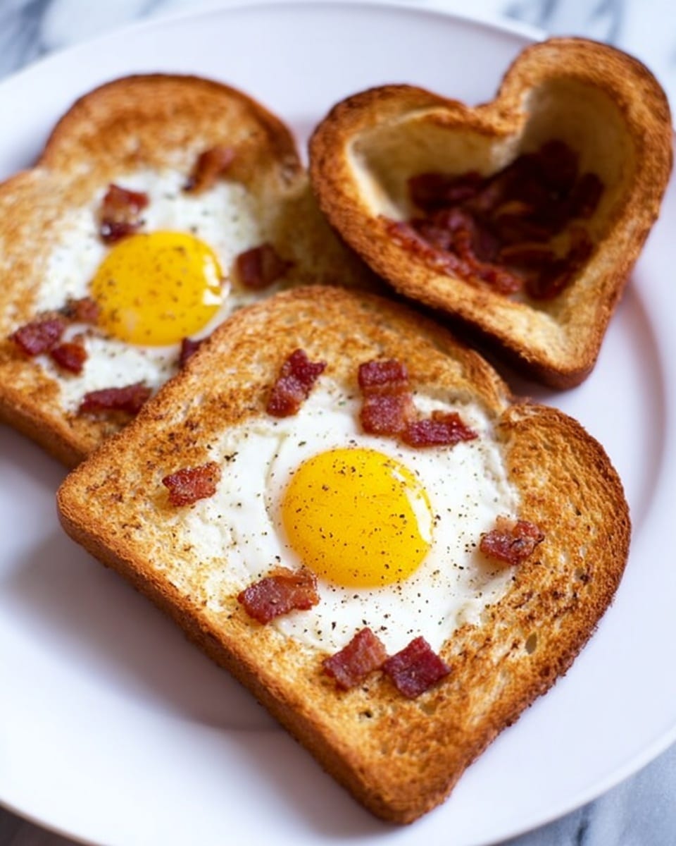 The image shows two slices of toasted white bread with sunny-side-up eggs cooked in the center of each slice. The toast is golden brown and crispy with a clear round white egg white surrounding a bright yellow yolk in the middle. Small pieces of crispy bacon are scattered on top of the toast and egg, adding dark red-brown color dots. Behind the two main slices is another piece of toast cut into a heart shape, also golden brown. All this food is placed on a simple white plate set on a white marbled surface. photo taken with an iphone --ar 4:5 --v 7