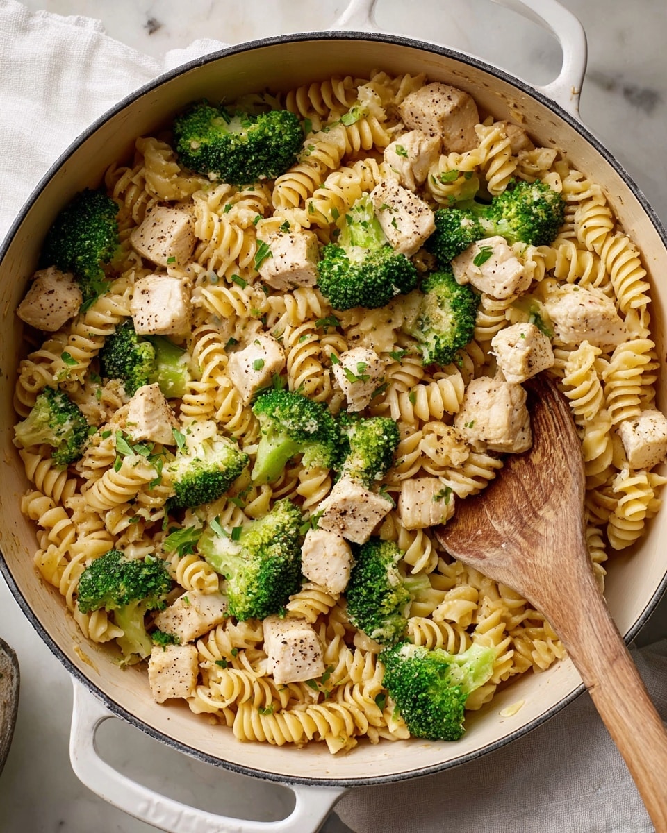 A large white pot filled with a mix of light golden spiral pasta, bright green broccoli florets, and small chunks of tender-looking, lightly cooked white chicken pieces. The pasta spirals have a firm texture and are well mixed with the broccoli, which shows a slightly steamed look with visible textures on the crowns. The chicken pieces are scattered evenly throughout, seasoned with a sprinkle of black pepper and small bits of fresh green herbs on top. A wooden spoon is placed inside the pot, leaning against the side. The pot rests on a white marbled surface with a white cloth partially visible on the side. photo taken with an iphone --ar 4:5 --v 7