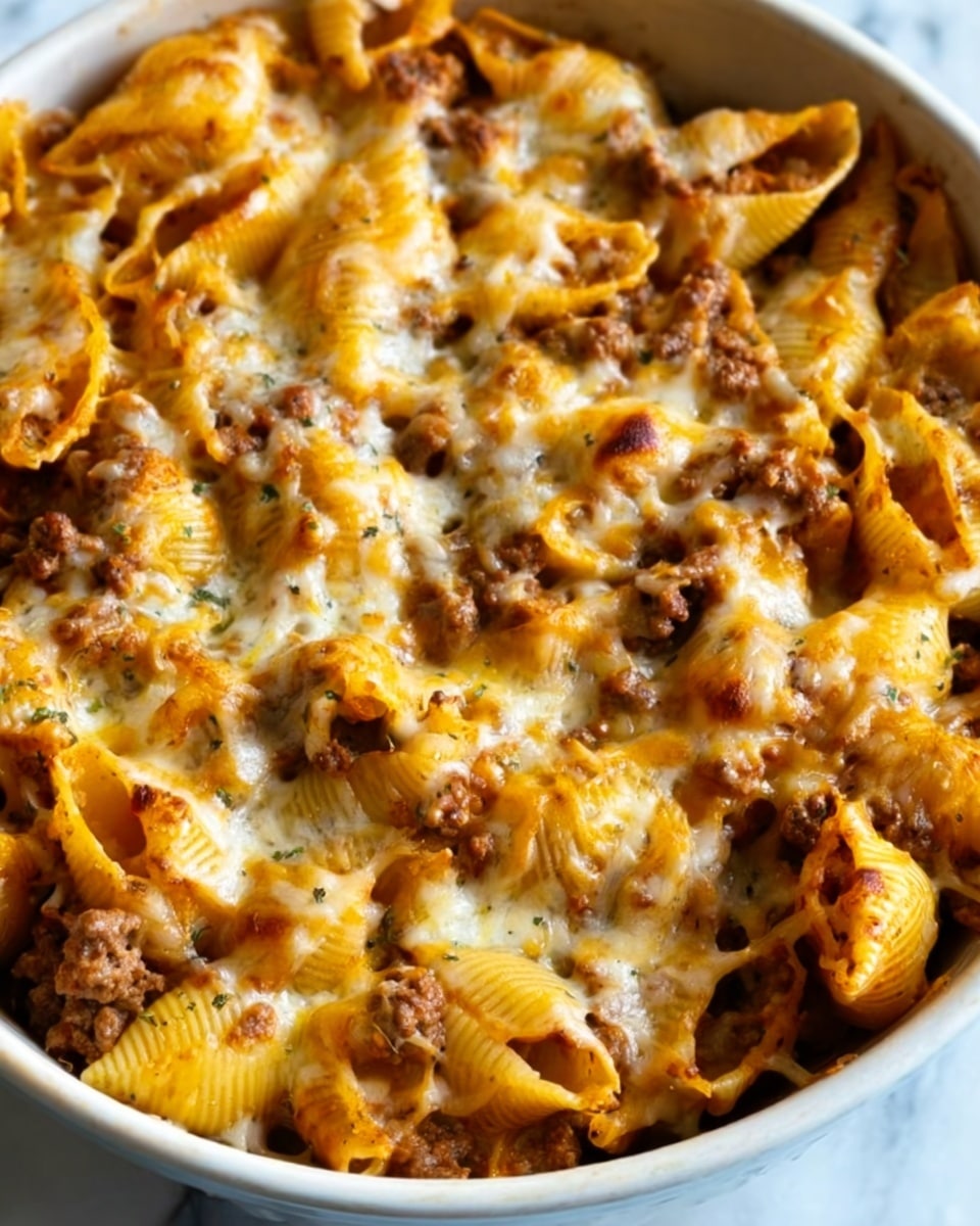 The image shows a close-up of cooked pasta shells covered in melted cheese and mixed with browned ground meat. The pasta is golden yellow, with creamy orange cheese melted evenly on top, creating a gooey texture. The ground meat is scattered throughout, adding a crumbly and slightly darker brown contrast. The pasta and cheese layers blend together, filling the frame with a warm, baked look. The whole dish is on a white surface with a white marbled texture underneath, making the colors of the food stand out. Photo taken with an iphone --ar 4:5 --v 7