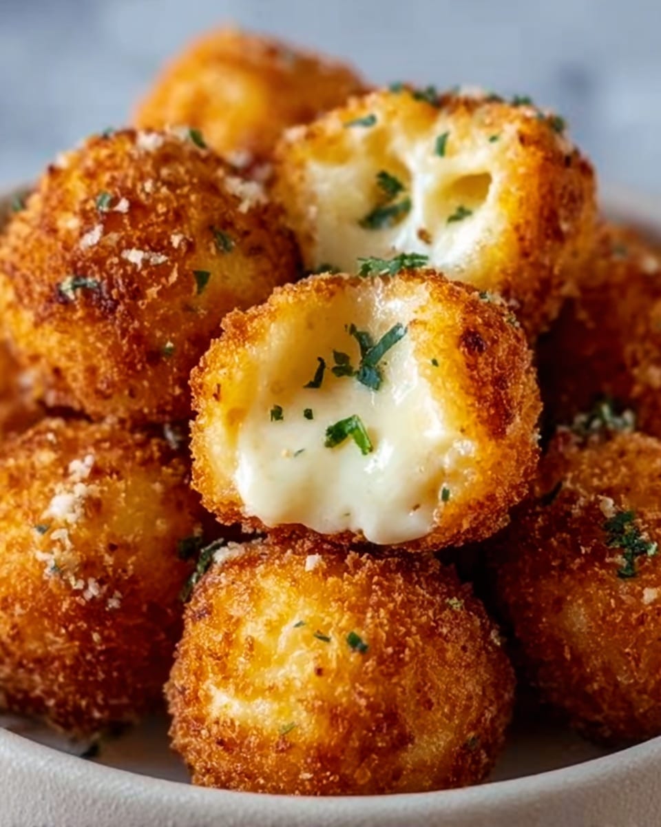A close-up of round golden-brown fried balls with a crunchy texture on the outside. One ball is broken open to show a smooth, creamy white cheese filling inside, with a few small green herb pieces on top. The balls are piled closely together on a white bowl, set on a white marbled surface. photo taken with an iphone --ar 4:5 --v 7
