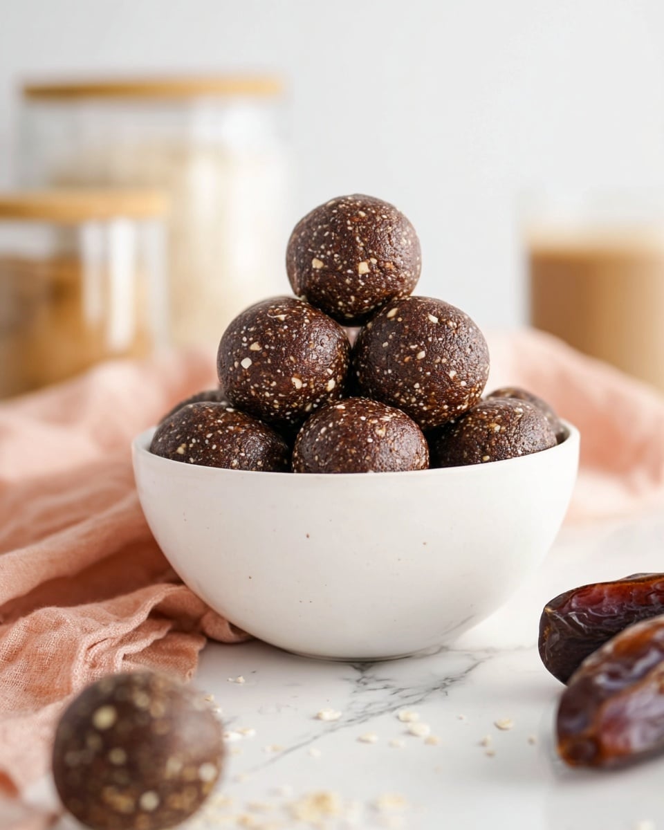 A white bowl filled with round, dark brown energy balls that have small white nut pieces visible inside; the balls are smooth and shiny, stacked closely together with one ball outside the bowl to the left. The bowl sits on a white marbled surface with a soft, light brown cloth draped casually around it. In the foreground, blurred dates lie on the cloth, and in the background, there are blurred jars and containers with light tones that complement the clean and simple setting. photo taken with an iphone --ar 4:5 --v 7